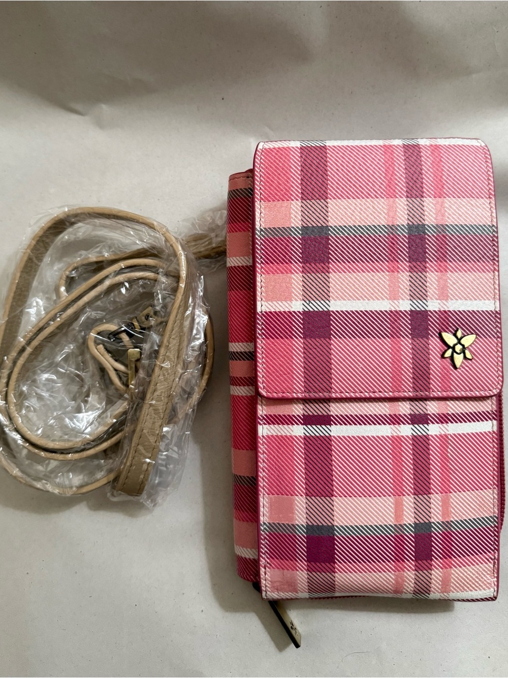 ANNA by ANUSCHKA Pink Plaid Hand Painted Leather Purse Wallet Phone Bag NWT $94